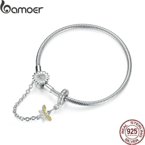 Bamoer Authentic 925 Sterling Silver 3mm Snake Charm Bracelet with Sunflower Safety Chain DIY Bracelets Accessories BSB041
