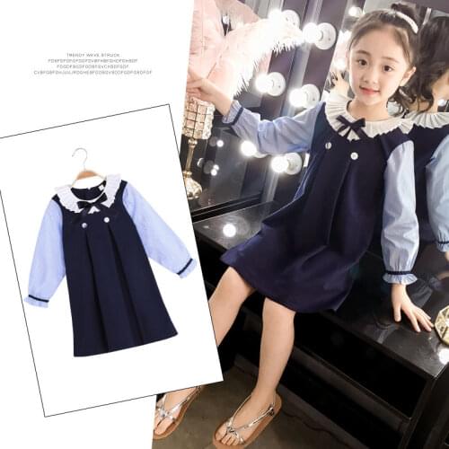 Long Sleeve Children Navy Blue Dress For Baby Girl Spring Autumn Clothing Classic Kids Dresses for Girls 4 5 7 9 11 13 Years Old
