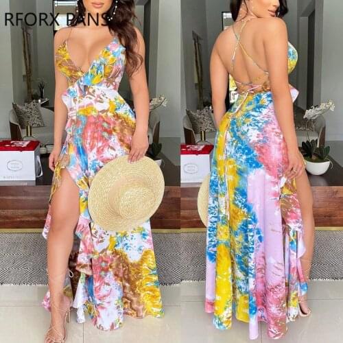 Women Floral Print High Slit Colorblock Ruffles Trim Backless Maxi Dress Bodycon Dress for Women Dress 2021