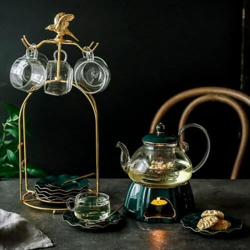Emerald Color English Afternoon Flower Teapot Coffee Set Nordic Luxury Crown Ceramic Glass Boiled Fruit Candle Teapot