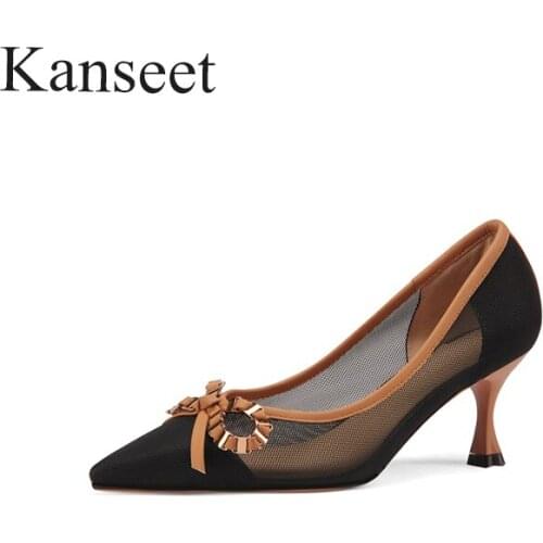 Kanseet Shoes High Heels Fashion Net Yarn 2021 Women Pumps Summer Sexy Pointed Toe Party Butterfly-Knot Shallow Shoes For Women