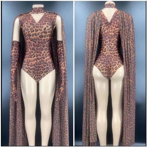 Leopard print costume gogo female song dance team bodysuit and cape