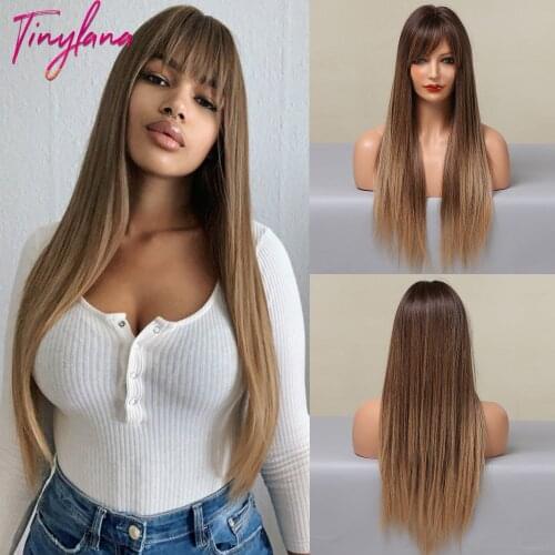 TINY LANA Natural Long Straight Wigs with Bangs Heat Resistant Synthetic Hair Ombre Black Brown Blonde Golden Wigs For Women