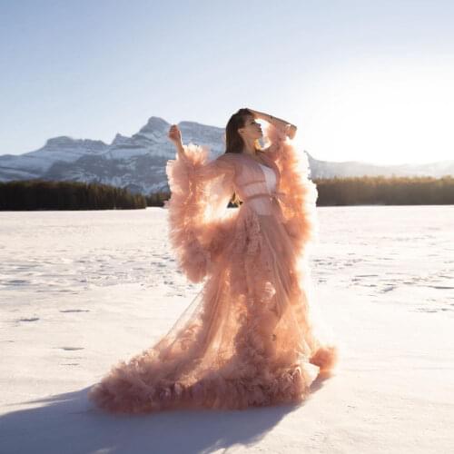 Fashion Pink Tulle Women Dress Thru Tulle Ruffles Layered Nightgown Floor Length Dresses Photograph Custom Made Plus Size