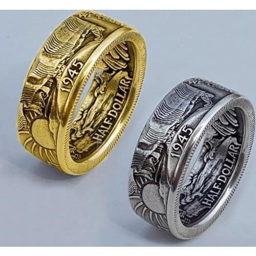 Mens Silver Gold Coin Ring Vintage Morgan Silver Half Dollar 1945 Jewelry 7-10