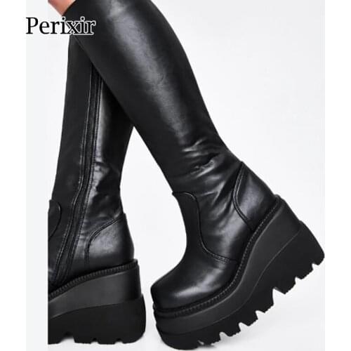 Perixir Design Women Motorcycle Boots Height Increasing Round Toe Side Zipper Pu Leather Footwear Dark Punk Style Lady Shoes