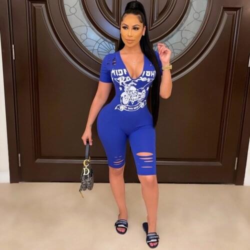 Letter Pattern Printed Sexy Skinny Playsuits for Women Deep V Neck Short Sleeve Fitness Overall Moto Biker Hollow Slim Outfits