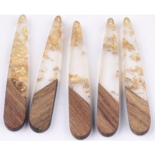 5pcs Resin Walnut Wood Pendants Teardrop for Jewelry Making DIY Bracelet Necklace Earring Handmade Craft 44x7.5x3mm Hole: 1.2mm