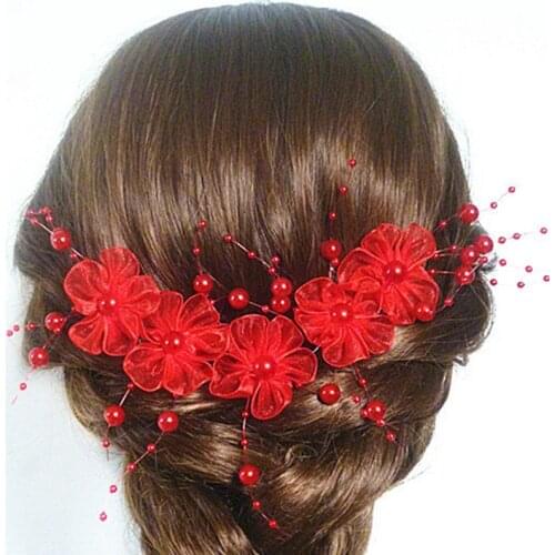 Hand-knitted Pearl tassel Lace flower Headband Red White Wedding Tiara Hair Accessories Bridal headdress