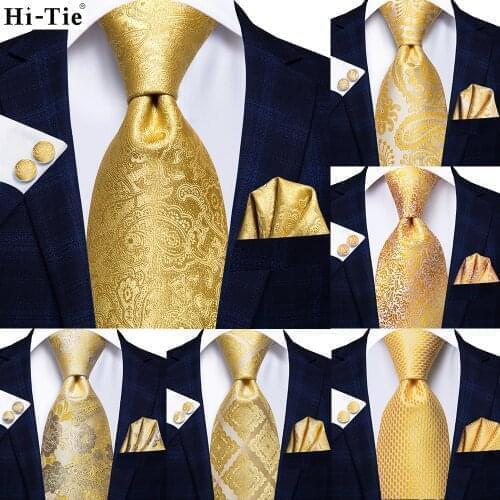 Hi-Tie Yellow Plaid Paisley Silk Wedding Tie For Men Hanky Cufflink Gift Men Necktie Gravata Set Business Dropshipping Designer