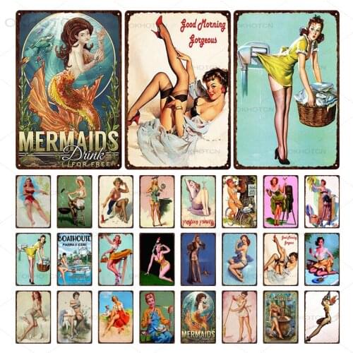 Retro Girl License Plates Pin Up Poster Vintage Metal Tin Signs Pin Up Wall Decoration Bar Pub Sign Decorative Metal Wall Art