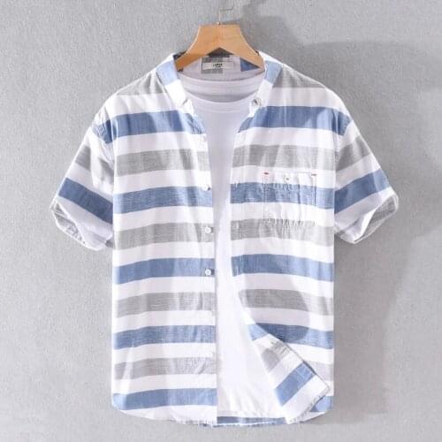 Striped Short Sleeve Shirts for Men Fashion Pure Cotton Tops Male Casual Turn-down Collar Blue Vintage Clothing