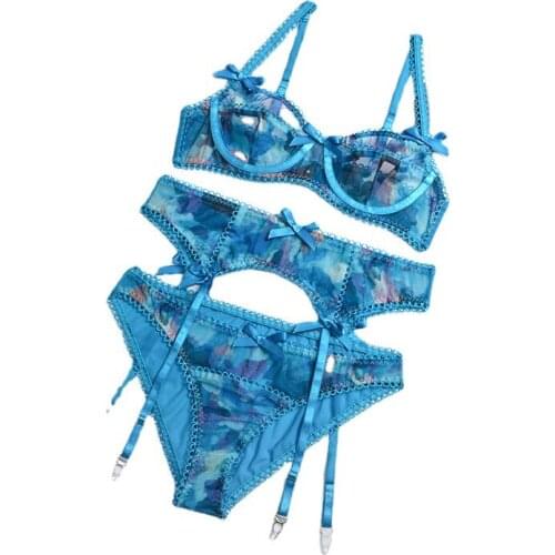 Sujetadores sexy bodysuit perspective embroidery fresh steel ring ultra-thin cup bra underwear set 3-piece blue womens bralette