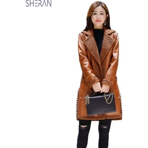 SHERAN Woolen Coat 2018 Winter Women Warm Long Outwerwear Faux Lambswool Beading Long Sleeve PU Leather Jackets Casaco Feminino