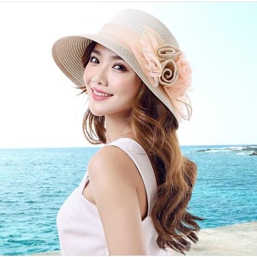New Female Summer Sun Hat Adult Shading Sunscreen Cap Wide Brim Girls Foldable Straw Travel Suncap Student Sun Hat B-7649