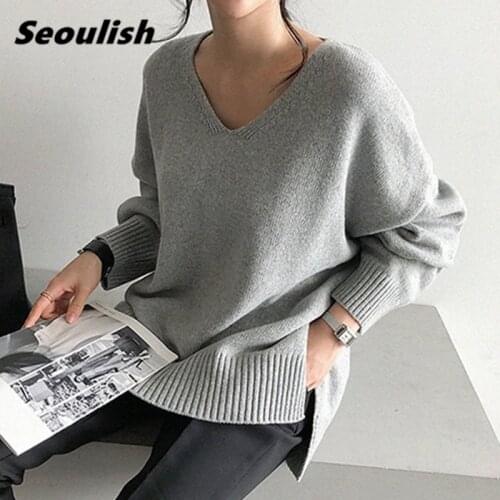 Seoulish Autumn Winter Solid Oversized Womens Sweater Loose Knitted Sweaters V Neck Long Sleeve Casual Pullover Chic Top Female