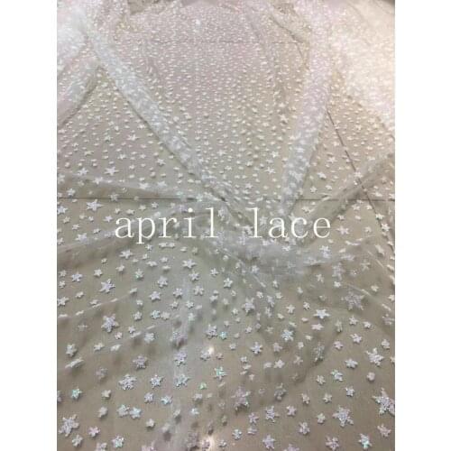 Stock 5 yards new bzh026 # shining ivory offwhite star glued glitter mesh tulle lace fabric for sawing bridal wedding dress