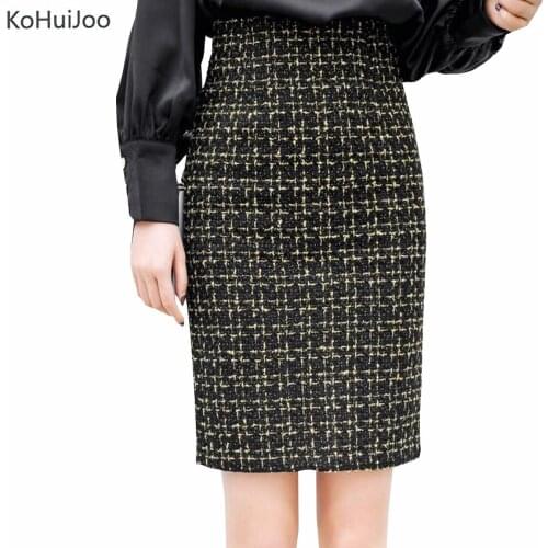 KoHuiJoo Autumn Winter Golden Patchwork Tweed Skirt Women Slim High Waist Pencil Wool Skirts Ladies Office Work Skirt S-4XL