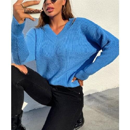 Women Casual V Neck Sweaters Bohemian Holiday Knit Pullover Long Sleeve Solid Winter Top