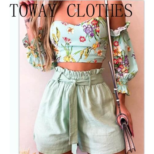 Summer Women Floral Print Short Sleeve Off Shoulder Cropped Blouse With Shorts Suit Sets