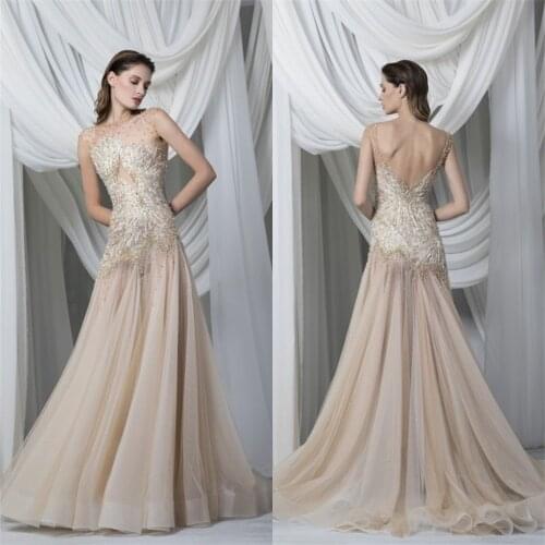 Champagne Evening Dresses Jewel Appliques Lace Beads Prom Gowns Custom Made Open Back Sweep Train Special Occasion Dress
