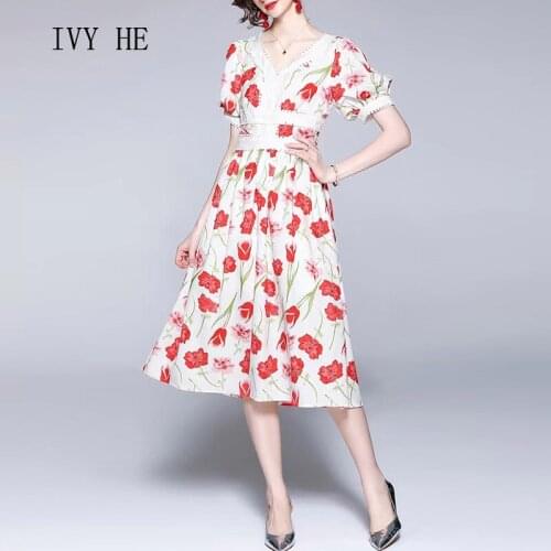 IVY HE High Quality Summer Dress Woman Clothing Light Luxury Sweet Rose Print Midi Long Dress Traf Robe ZA Vintage Party Dresses