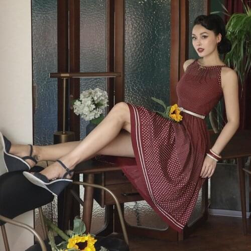 Le Palais Vintage 2021 Summer New Original Purplish Red Polka Dot Chiffon Dress for Women Elegant Off Shoulder Pleated Dresses