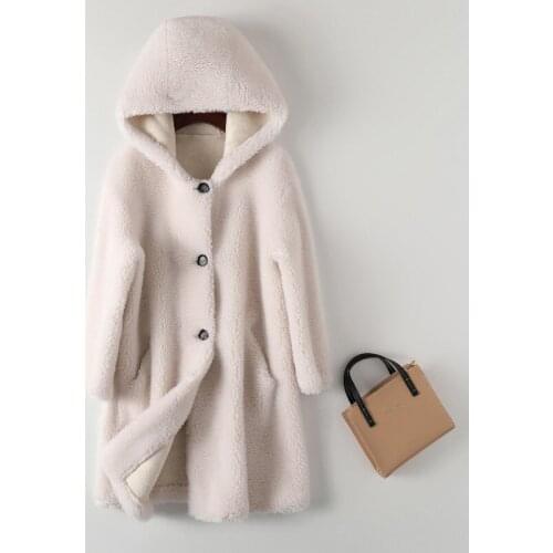 Women Winter New Lamb Fur Coat Female Korean Hooded Granule Sheep Shearing Jacket Loose Mid-Length Warm Outerwear Ladies H1693