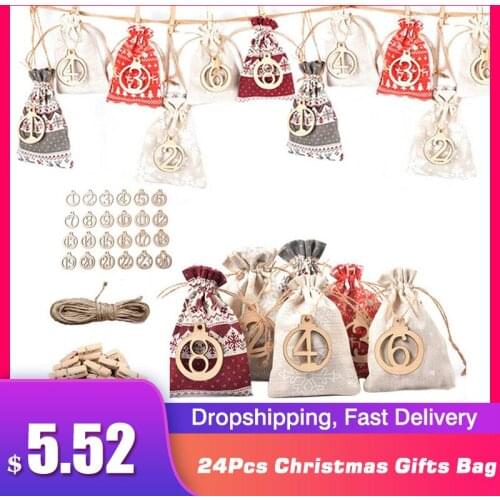 24PCS Christmas Advent Calendar Countdown Bag Hanging Candy Gift Sacks Pouch DIY Christmas Decoration with Clips Stickers Rope