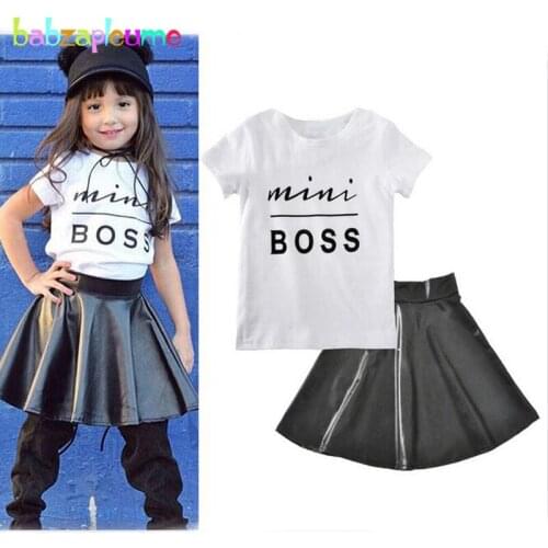 Babzapleume 2017 Summer Kids Clothes Fashion Style Baby Girls Sets Letter T-shirt+PU Skirt Children Clothing 2Piece Suits BC1406