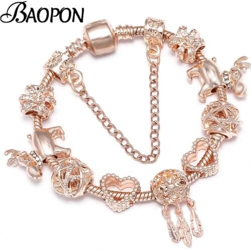 BAOPON 2021 New Love & Feather Charm Bracelets For Women Men With Rose Gols Beads Bracelets Bangles DIY Crystal Jewelry Pulseras