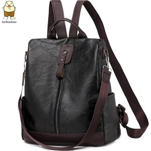 Beibaobao Anti-theft Ladies Shoulder Bags Simple Travel Backpack 3 in 1 Retro Backpack Women PU Leather School Bags