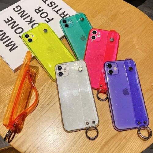 Candy Color Wrist Strap Phone Case For iPhone 12 11 Pro X XR XS Max 12 Mini 7 8 Plus SE2 Glitter Transparent Soft Silicone Cover