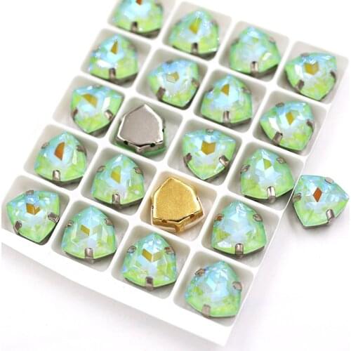 12mm Fat Triangle shape Olive Mocha fluorescence Glass Crystal sew on flatback rhinestones for clothing Hair clip wedding dress