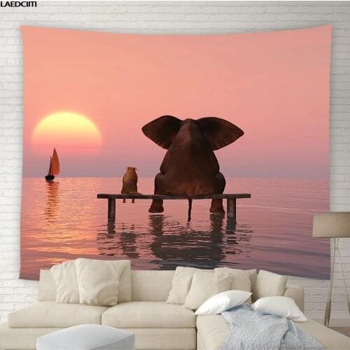 Indian Elephant Tapestry Hippie Ocean Sunset Natural Scenery Background Wall Hanging Decor Bohemia Living Room Bedroom Curtain