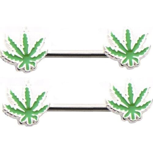 Wholesale 2Pcs Surgical Steel Fresh Green Maple Leaf Nipple Rings Women Sexy Bar Pin Punk Body Piercing Jewelry Gifts For Women