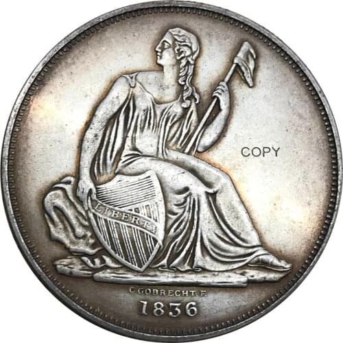 United States of America One Dollar 1836 Gobrecht Dollars Name On Base Medal Alignment I Brass Plated Silver Copy Coins
