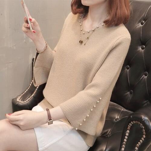 Fashion Autumn Sweater Women Casual Slim V-Neck Beads Pullover Solid Color 2021 New Winter Flare Sleeve knitted Clothing Female