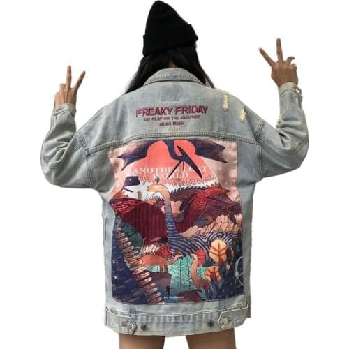 Mens Hip Hop Ripped Denim Jacket Cartoon Animal Printed Patchwork Denim Jackets Couples Chic Coat