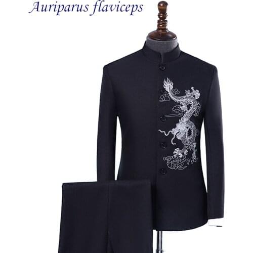 Auriparus flaviceps Stand Collar Performance Man Suits Stage Costumes Print Suits Groom Tuxedos Embroidery Groomsman Suit