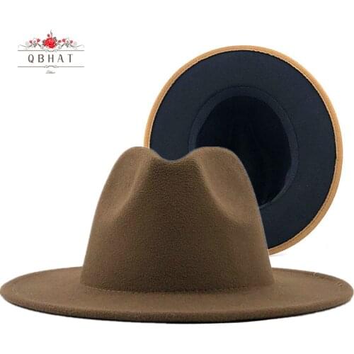 QBHAT Women Men Khaki with Black Bottom Patchwork Wool Felt Fedora Hats Wide Brim Panama Jazz Party Cap Green White Cowboy Cap