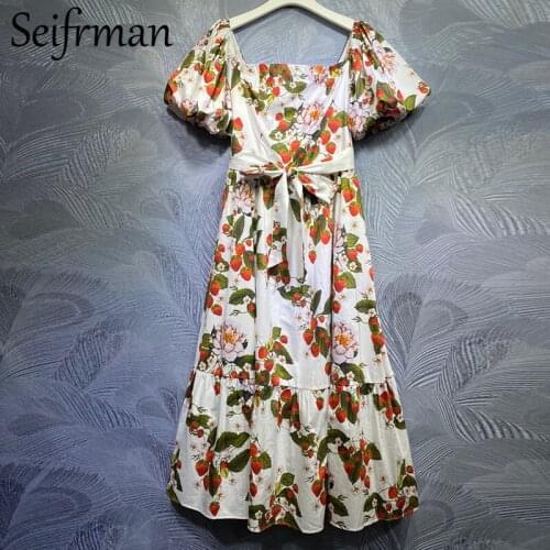 Seifrmann New 2021 Summer Women Fashion Designer Party Long Dress Lantern Sleeve Bow Sashes Floral Print Cotton Ladies Dresses