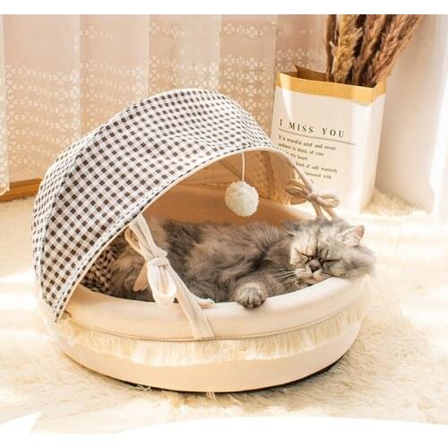 SHUANGMAO Pet Dog Cat Bed Round Plush Cats Bed House Soft Long Plush Mat Bed For Small Dogs Sofa Cushion Nest 2 In 1 Kitten Bed