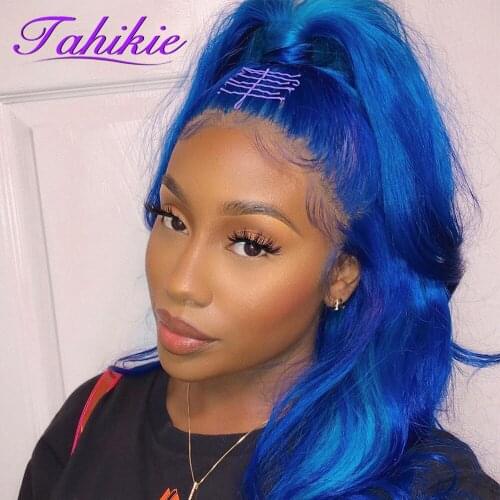 Tahikie Blue Wig Body Wave Lace Front Wig 13x1 Human Hair Wigs Colored Human Hair Wigs Transparent Remy Hair Human Hair Wigs