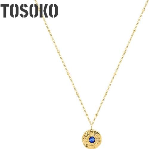TOSOKO Stainless Steel Jewelry Blue Zircon Pendant Necklace Female Round Collar Chain Fashion Christmas Sweater Chain BSP866