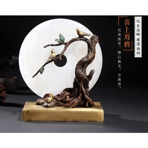 Unique GIFT # 2020 home Business best Decoration 3D Tree Auspicious bird ART BRASS JADE statue sculpture # 23 CM