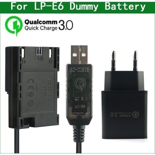 QC3.0 LP E6 E6N ACK-E6 DR-E6 Dummy Battery&DC Power Bank USB Cable for Canon EOS 6D 7D 60D 70D 80D 90D R R5 R6 5DS 5D Mark II