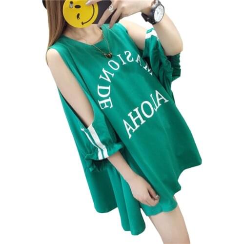 2018 New Summer Women Half Sleeve Leak Shoulder T-Shirts Letter Batwing Sleeve T-Shirt O-neck Pullover Loose Bat Tops Tees M256