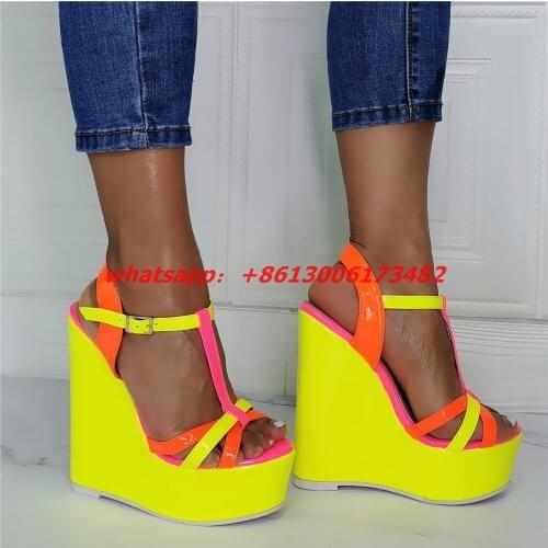 Fluorescent yellow woman wedge platform sandal plus size 46 woman peep toe light yellow platform high wedge sandal