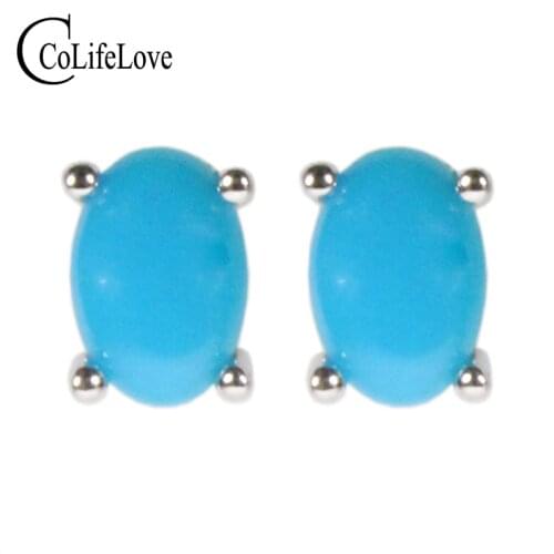 CoLife Jewelry 100% Natural Turquoise Stud Earrings for Office Woman 4*6mm Turquoise Earrings 925 Silver Turquoise Jewelry